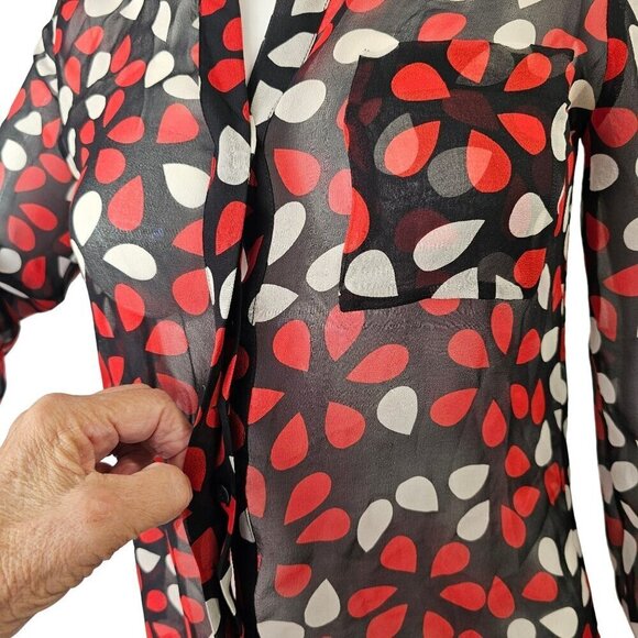 Diane Von Furstenberg 90s Sheer Silk Blouse Women 2 Red White on Black Long Slv - Picture 9 of 13
